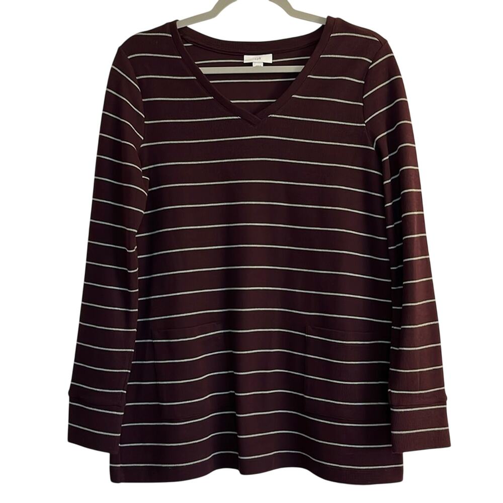 J. Jill V-Neck Knit Tunic Top Size S Purple Green Stripes Long Sleeves Pockets